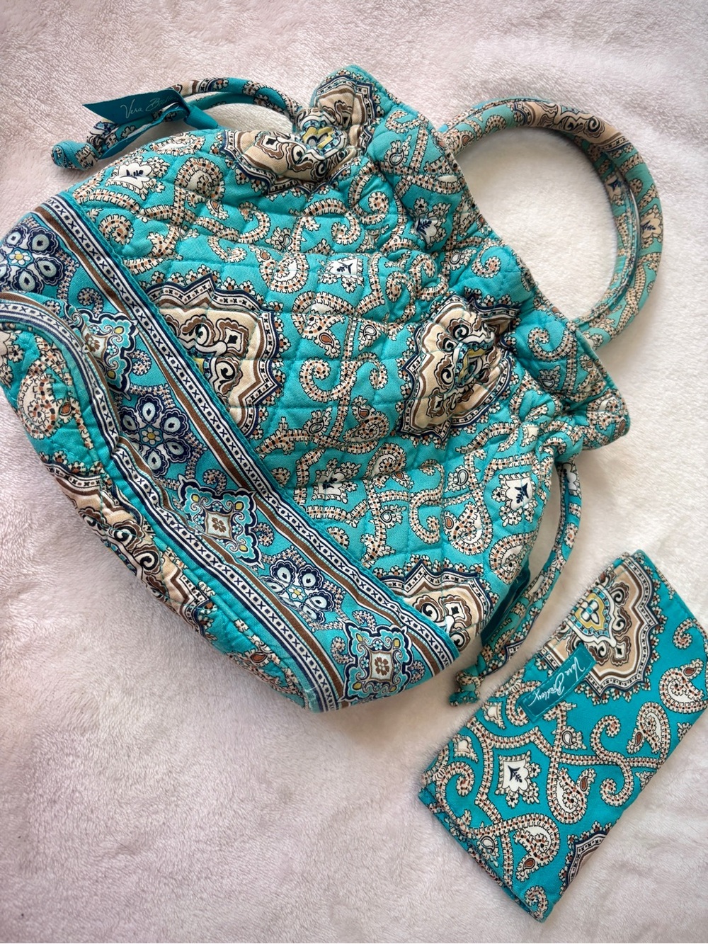 2pc Vera Bradley Emma Bucket Bag Checkbook Cover Totally Turquoise Retired Set
